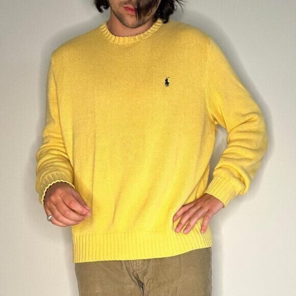 Polo Ralph Lauren Men’s Yellow Cotton Knit Crewneck Pullover Sweater Size Medium - Picture 1 of 6